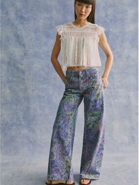 Free People Blue Lavender Floral Wide-Leg Jeans